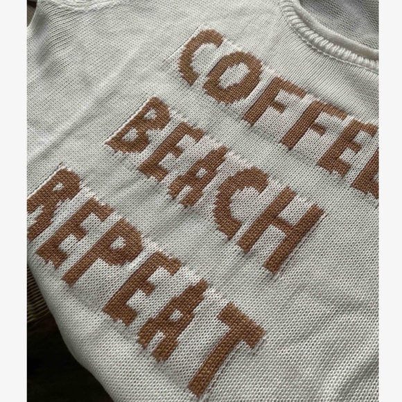 Cozy White Coffee Beach Repeat Graphic Sweater Top - Picture 7 of 8